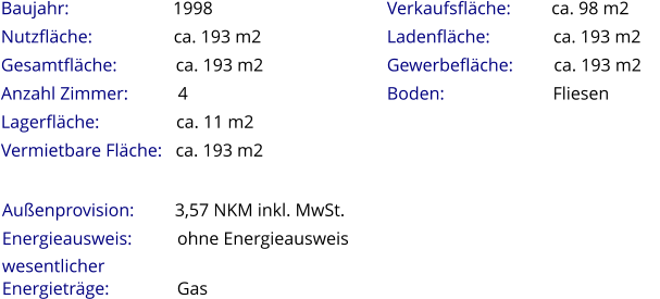Außenprovision:         3,57 NKM inkl. MwSt.  Energieausweis:          ohne Energieausweis wesentlicher  Energieträge:               Gas   Baujahr:                       1998 Nutzfläche:                  ca. 193 m2 Gesamtfläche:             ca. 193 m2 Anzahl Zimmer:           4 Lagerfläche:                 ca. 11 m2 Vermietbare Fläche:   ca. 193 m2                              Verkaufsfläche:         ca. 98 m2 Ladenfläche:              ca. 193 m2     Gewerbefläche:         ca. 193 m2 Boden:                        Fliesen